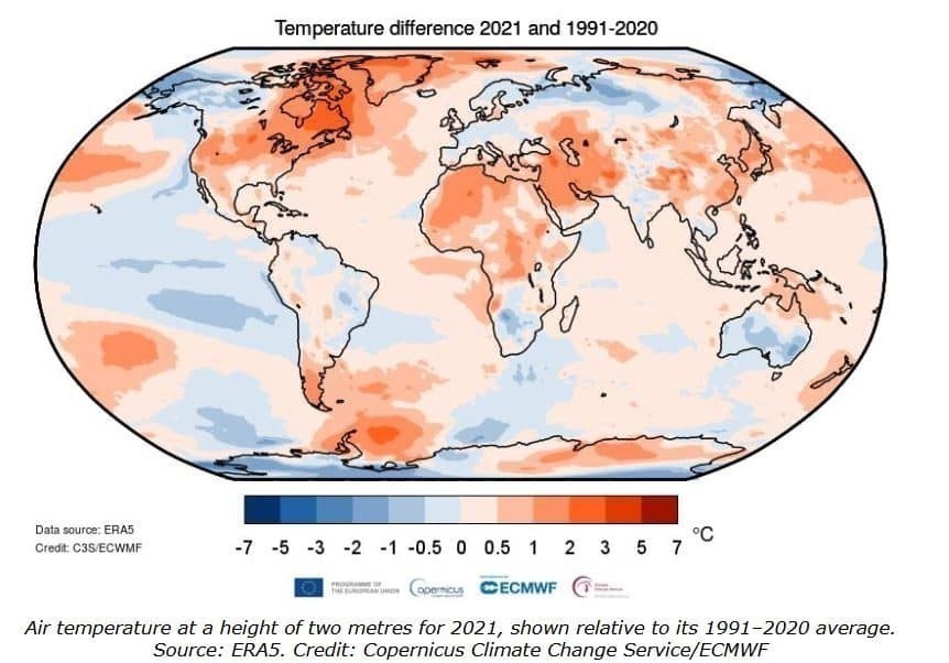 Copernicus: Letzte sieben Jahre waren die sieben wärmsten seit Beginn der Aufzeichnungen – Treibhausgaskonzentrationen steigen auch 2021 weiter